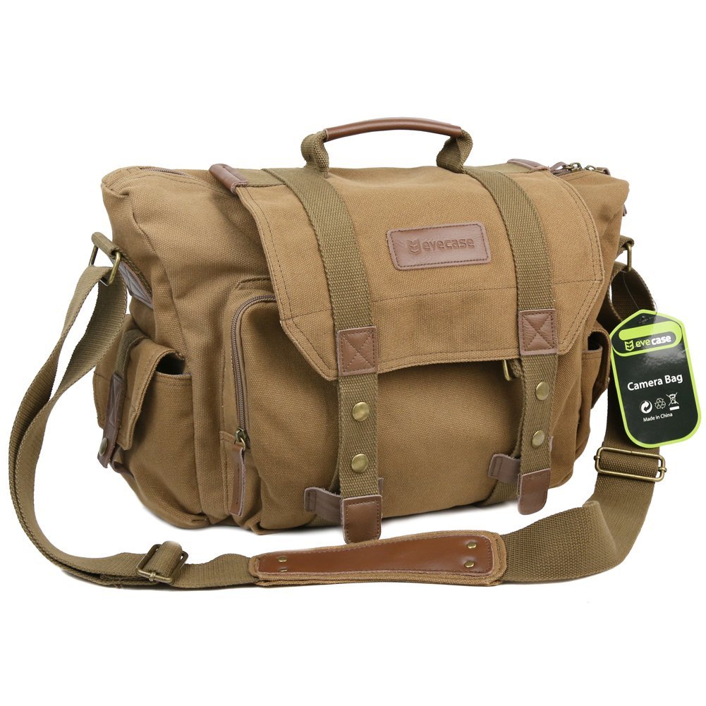 Evecase Large Canvas Messenger DSLR Digital Camera Bag - Brown