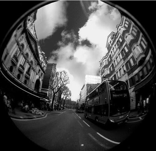 circular fisheye view of cityscape