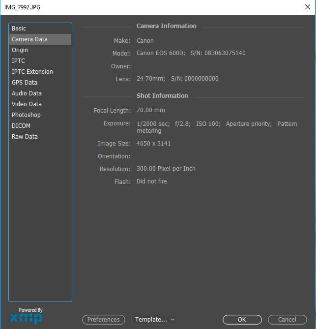 Photoshop EXIF menu