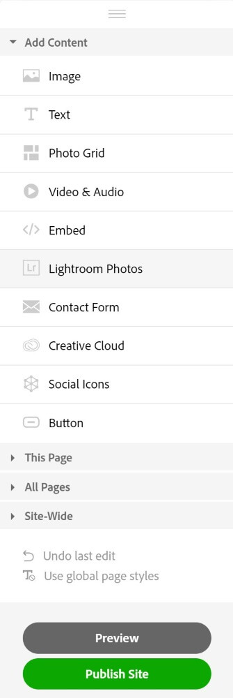 Adobe Portfolio menu