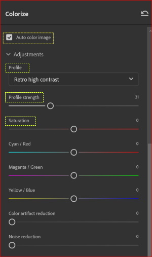 The Colorize filter menu