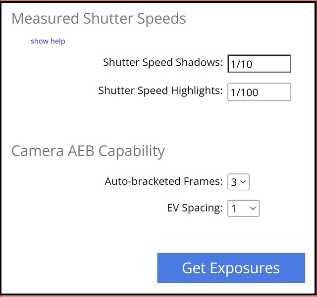 The input screen of the HDR Exposure Calculator.