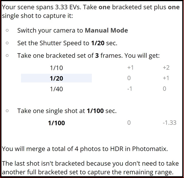 The output screen of the HDR Exposure Calculator.