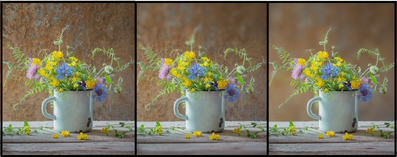  Three photos of summer flowers in an old cup on a wooden background at different focusing points. 