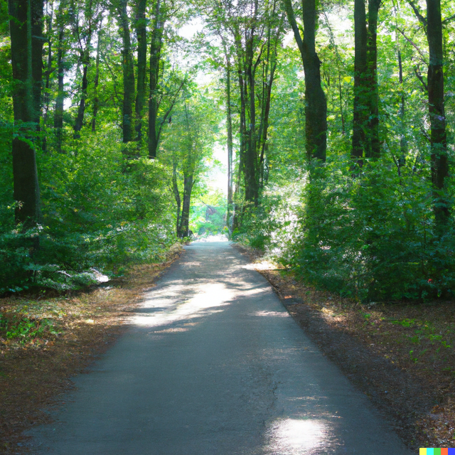 The prompt: “Digital photo of a narrow road in a forest with sun lights going through the trees”