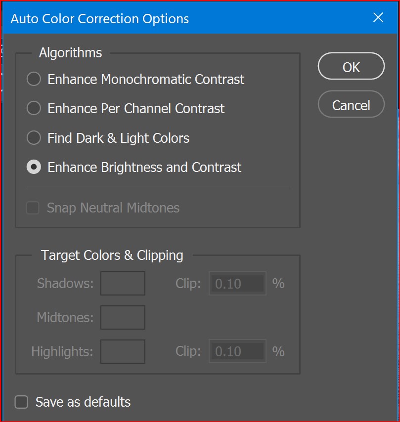 Auto Color Correction Options dialog box.