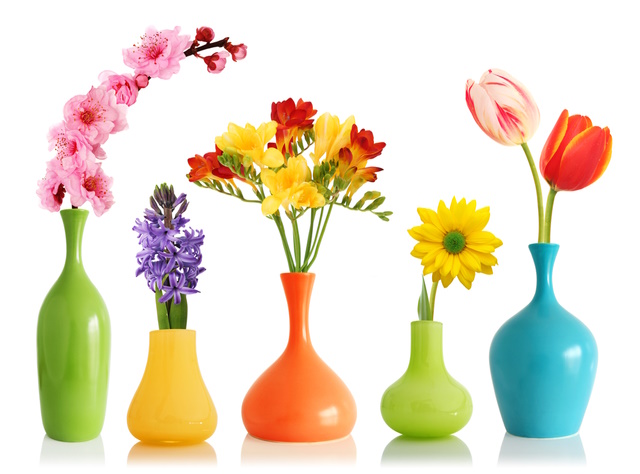 Colorful spring flowers in bright vases isolated on white