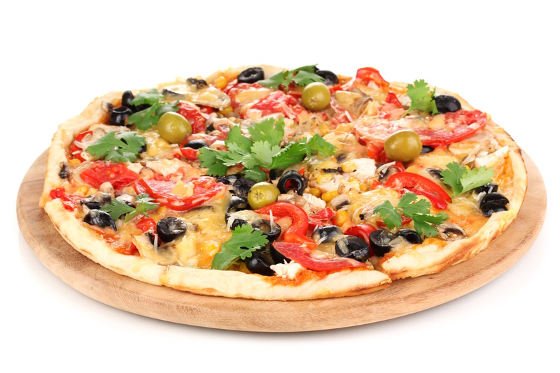 pizza with vegetables, chicken and olives isolated on white