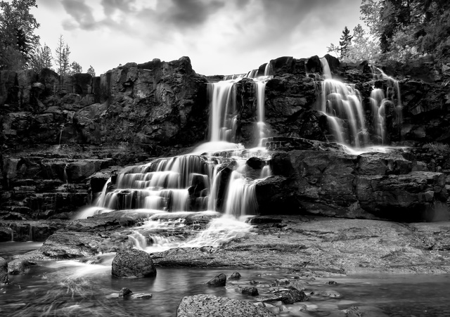 Lower Gooseberry Falls Along Minnesota's North Shore in Black and White in the Rain