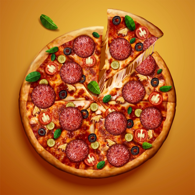 Product Photography Ideas - Top view of pepperoni pizza with stringy cheese on chrome yellow background in 3d illustration