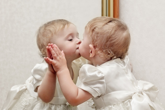 Photography Reflections Tips-How to Capture Beautiful Photos -Cute Baby Kissing a Mirror with oneself Reflection
